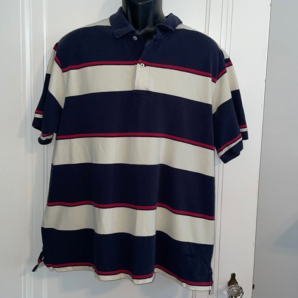 Daniel Cremiuex navy blue, cream & red striped cotton‎ polo shirt